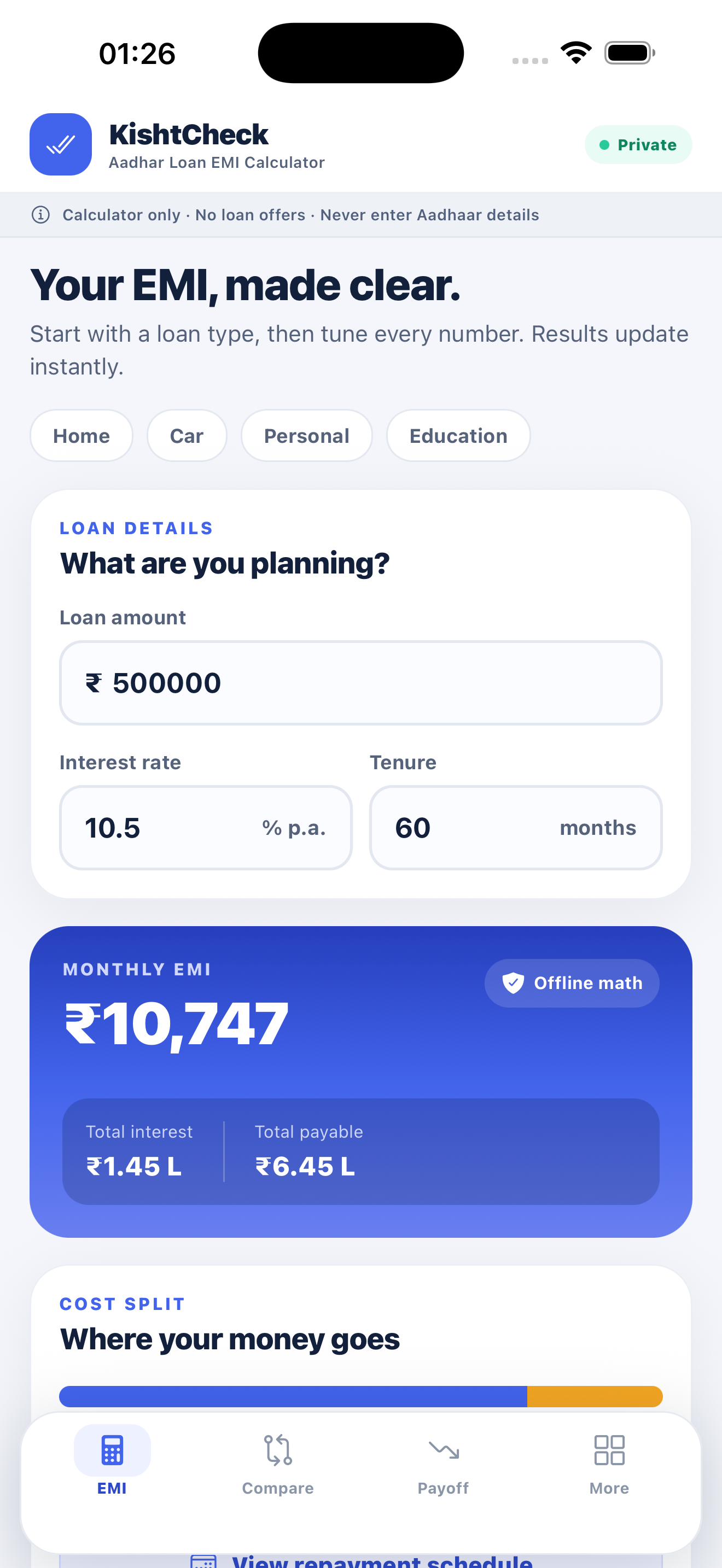 EMI calculator with monthly payment and repayment summary on iPhone