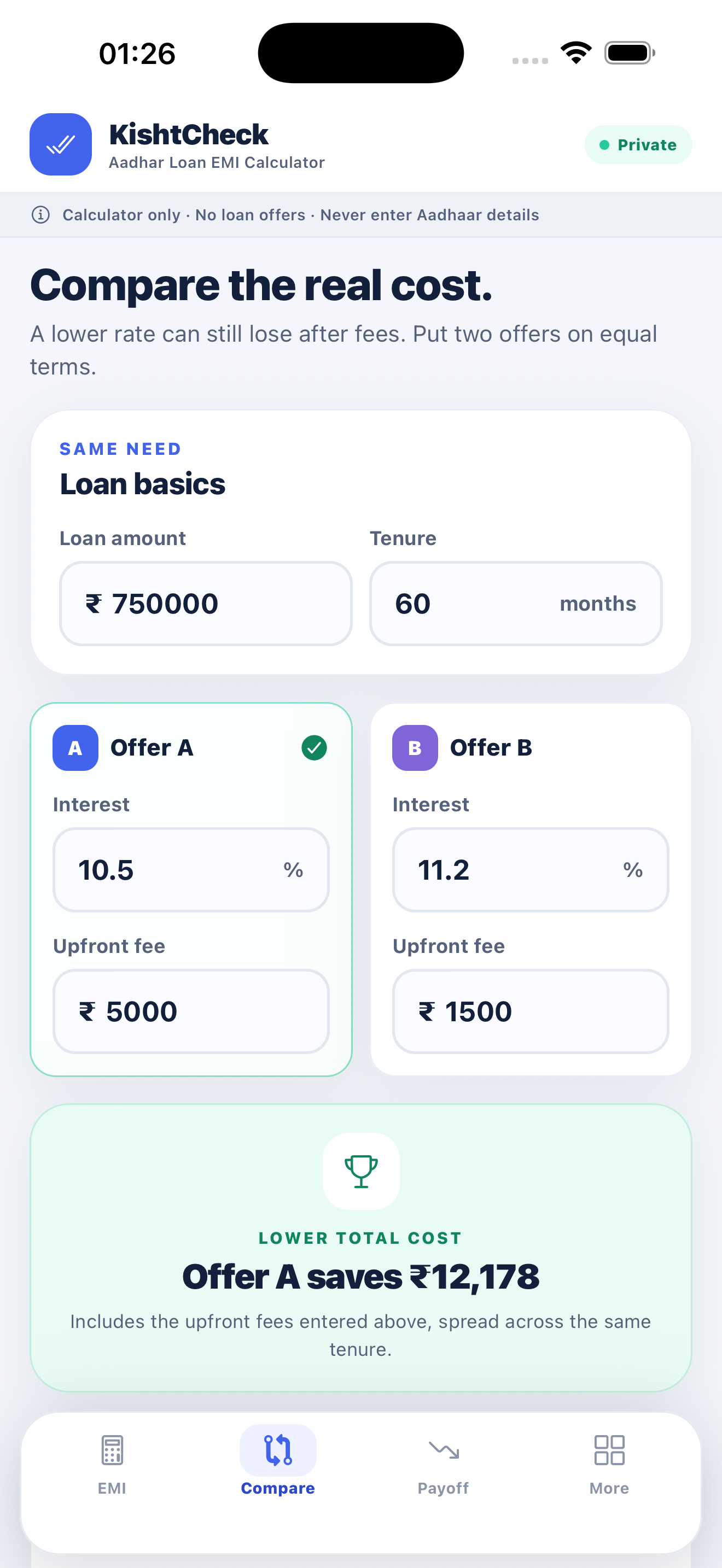 Side-by-side loan comparison on iPhone