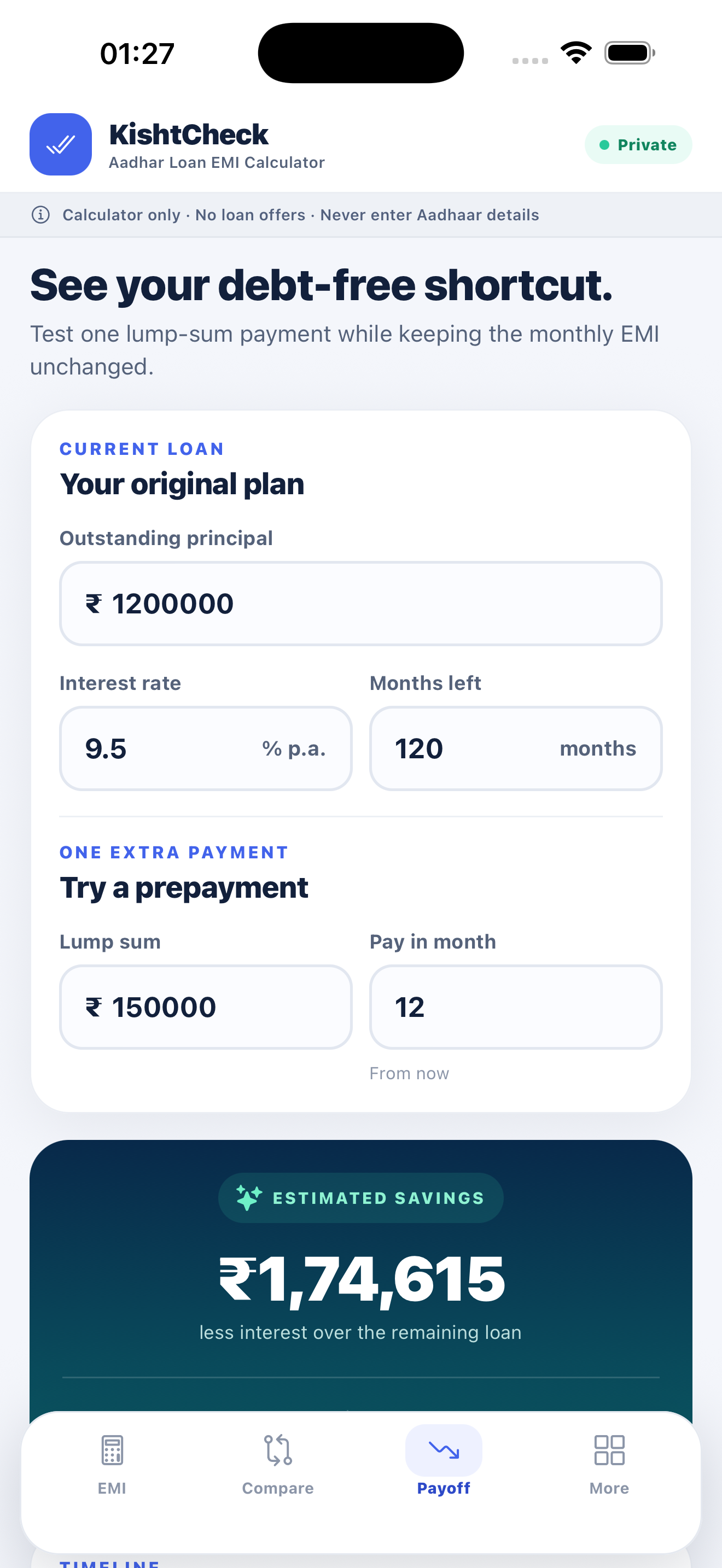 Prepayment savings and payoff calculator on iPhone