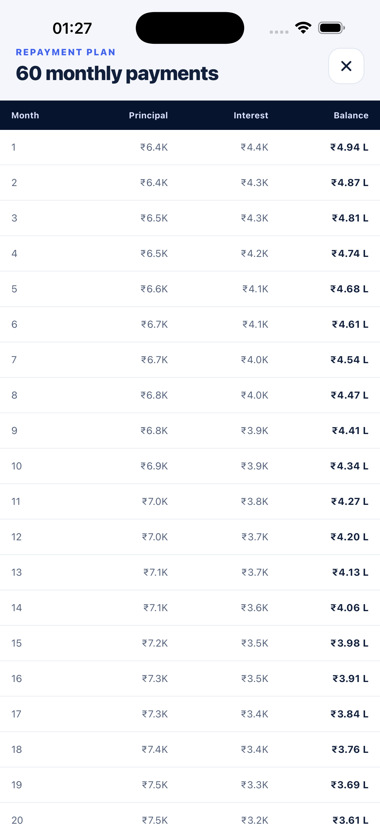 Repayment schedule on iPhone