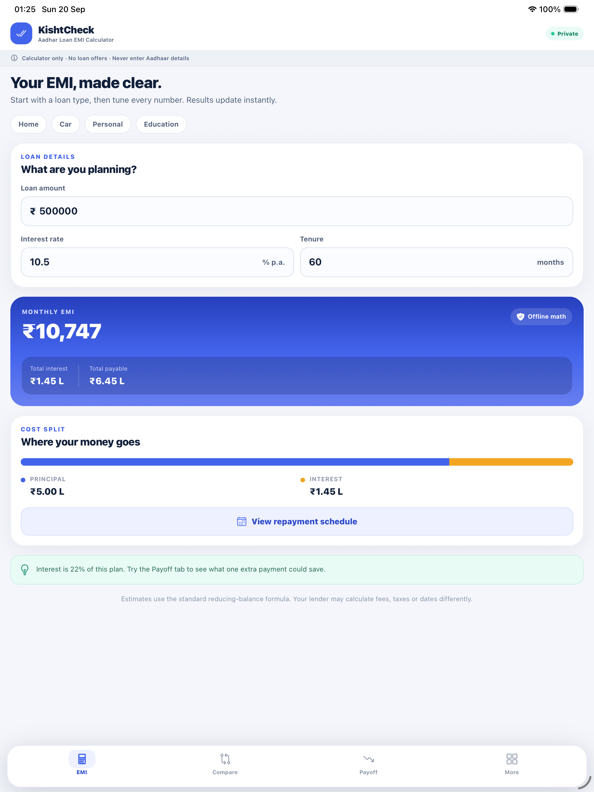 EMI calculator with monthly payment and repayment summary on iPad