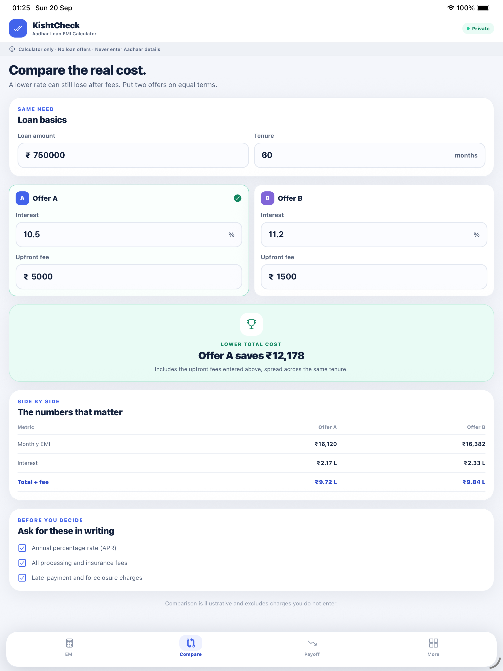 Side-by-side loan comparison on iPad