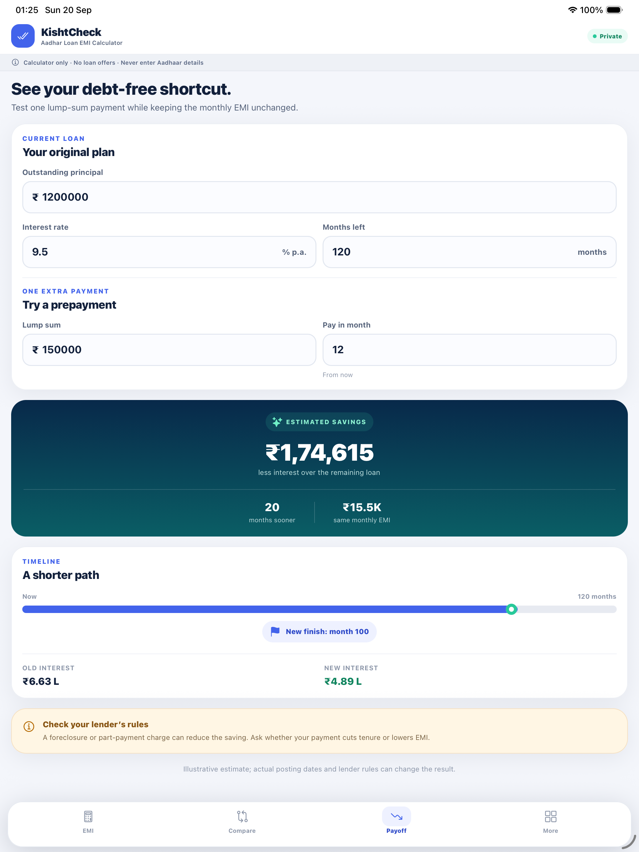 Prepayment savings and payoff calculator on iPad