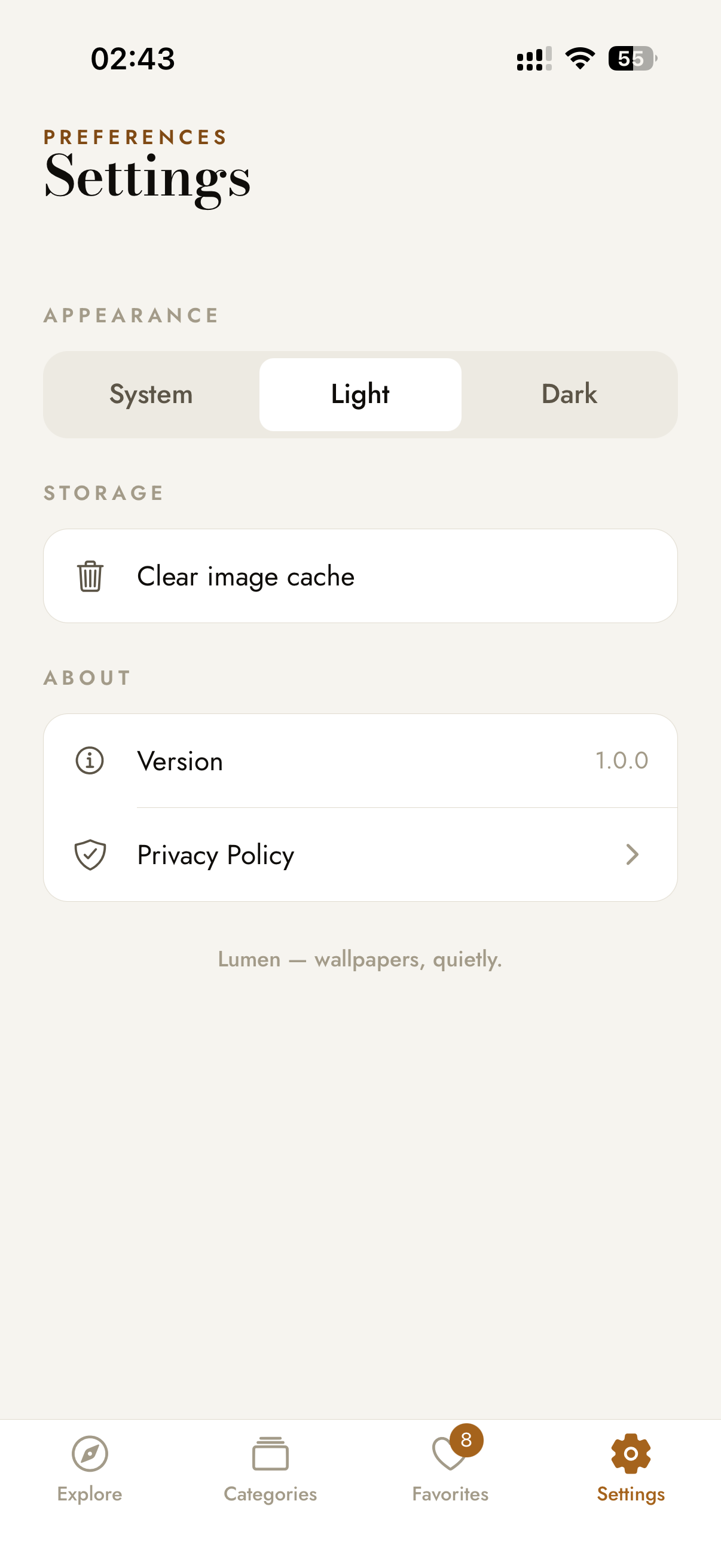 Settings — appearance, cache, privacy
