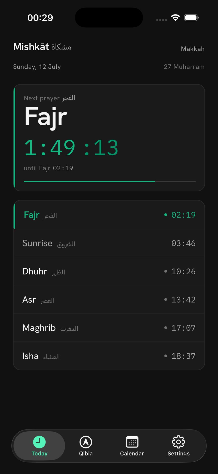 Mishkat prayer times today