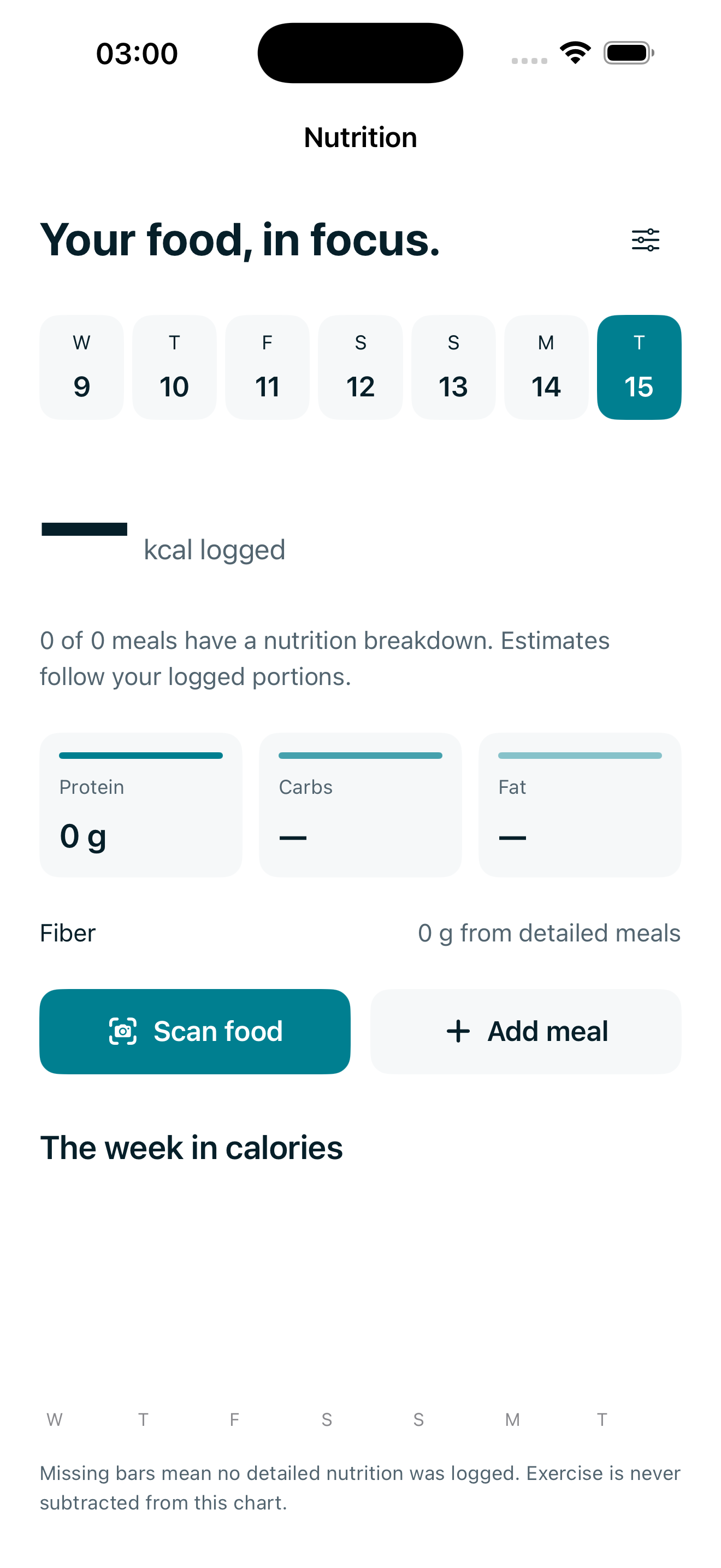 Nutrition screen with an empty journal