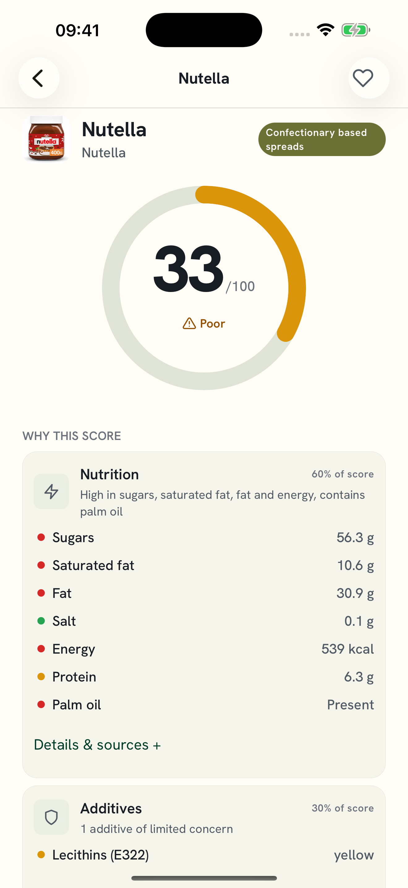 Product ingredients and comparison score